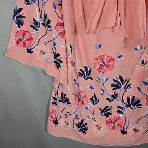 Velzera Embroidered Peasant Top Womens Small Pink Floral Smocked Bow Cotton - Picture 3 of 11